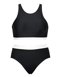Women High Neck Crop Top Tummy Control Sporty Bathing Suits-Black And White -Bikini Beach Shop 21q3gfddjJL