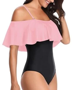 Women's Slimming Off Shoulder One Piece Bathing Suits-Pink And Black -Bikini Beach Shop 310iusWtaYL