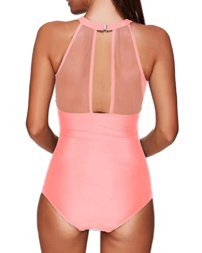 Women's Plunge Neckline Ruched Mesh Monokini One Piece Swimwear-Coral Pink 2 Women's Plunge Neckline Ruched Mesh Monokini One Piece Swimwear-Coral Pink - Image 2