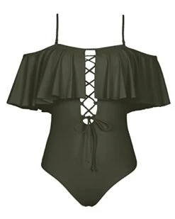 Women's Ruffled One Piece Swimsuit Off-The-Shoulder Lace-Up Sexy Bathing Suit-Army Green 6 Women's Ruffled One Piece Swimsuit Off-The-Shoulder Lace-Up Sexy Bathing Suit-Army Green -Bikini Beach Shop 312o4YcnXFL