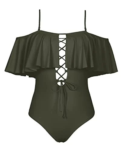 Women's Ruffled One Piece Swimsuit Off-The-Shoulder Lace-Up Sexy Bathing Suit-Army Green 3 Women's Ruffled One Piece Swimsuit Off-The-Shoulder Lace-Up Sexy Bathing Suit-Army Green - Image 3