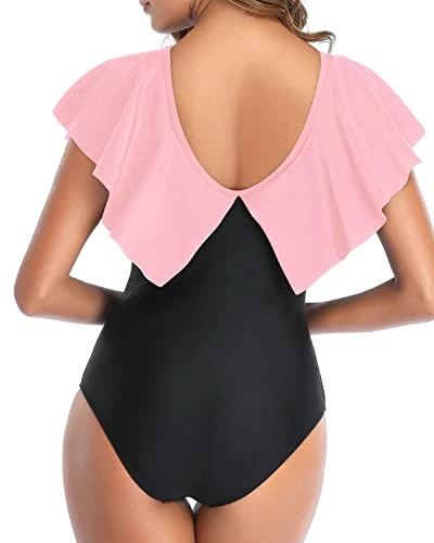 Flattering V Neck Ruffle Shoulders One Piece Swimsuit For Women-Pink And Black 2 Flattering V Neck Ruffle Shoulders One Piece Swimsuit For Women-Pink And Black - Image 2