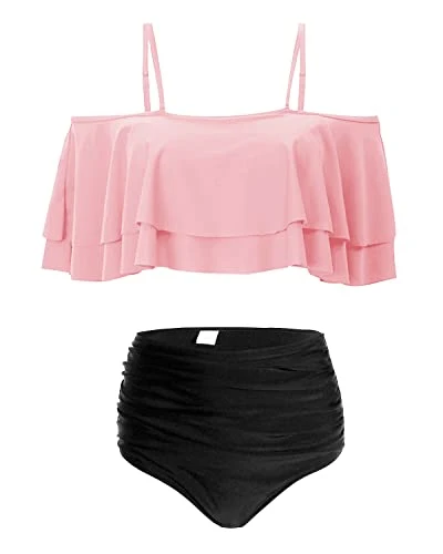 Sexy Two Piece High Waisted Ruffle Bikini Set For Summer-Pink And Black 2 Sexy Two Piece High Waisted Ruffle Bikini Set For Summer-Pink And Black - Image 2