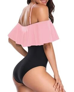 Women's Slimming Off Shoulder One Piece Bathing Suits-Pink And Black -Bikini Beach Shop 3169sTwaViL