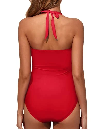 Ruched Pattern Swimsuits Halter Vintage Swimwear-Red 2 Ruched Pattern Swimsuits Halter Vintage Swimwear-Red - Image 2