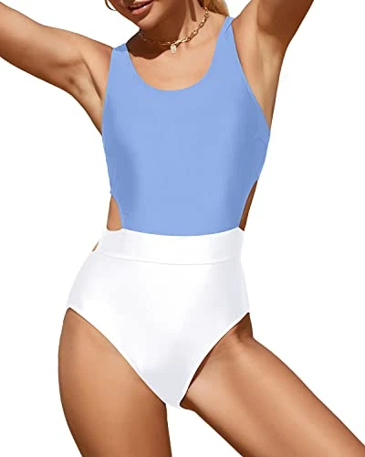 Adjustable Straps Tie Women One Piece Swimsuits-Blue And White 1 Adjustable Straps Tie Women One Piece Swimsuits-Blue And White