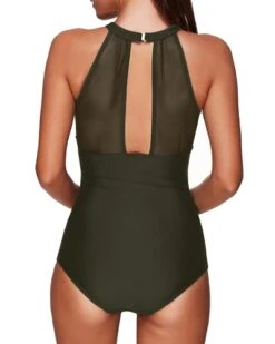 Mesh One Piece Swimsuit High Neck And Ruched For Women-Army Green -Bikini Beach Shop 31H LQx gcS 8ba58792 666a 42e5 8d92 c09089504dad