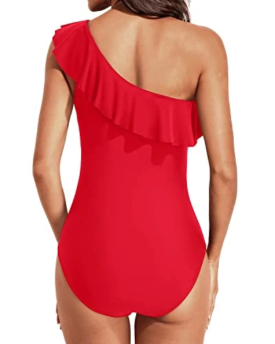 Ruched One Shoulder One Piece Swimsuits-Red 2 Ruched One Shoulder One Piece Swimsuits-Red - Image 2