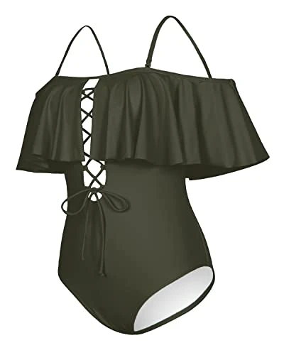 Women's Ruffled One Piece Swimsuit Off-The-Shoulder Lace-Up Sexy Bathing Suit-Army Green 4 Women's Ruffled One Piece Swimsuit Off-The-Shoulder Lace-Up Sexy Bathing Suit-Army Green - Image 4