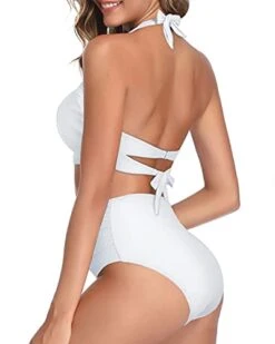 Two Piece Halter Ruched Highwaist Bikini Adjustable Straps Bathing Suit-White -Bikini Beach Shop 31KYpqDPHWS 507d6f57 cade 444b baf9 c7396f8b61ad