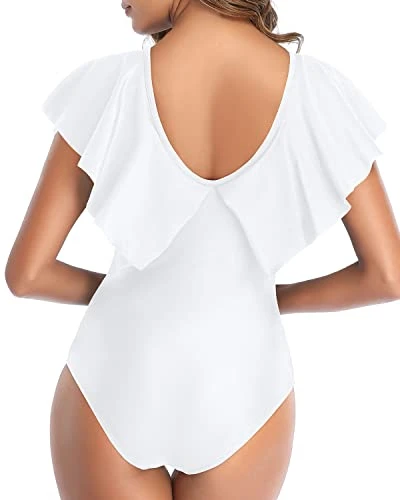 Cute Tummy Control Flounce Sleeve V Neck One Piece Swimsuit-White 2 Cute Tummy Control Flounce Sleeve V Neck One Piece Swimsuit-White - Image 2