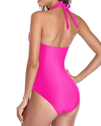 Sexy Long Torso Swimwear Black Halter Bathing Suits-Neon Pink 3 Sexy Long Torso Swimwear Black Halter Bathing Suits-Neon Pink - Image 3