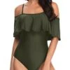 Vintage Off Shoulder Ruffled One Piece Swimsuit For Women-Army Green