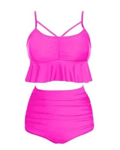Curve-Hugging Full-Cover High Waist Bikini Sets-Neon Pink