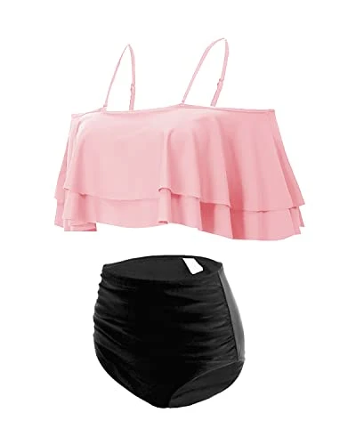 Sexy Two Piece High Waisted Ruffle Bikini Set For Summer-Pink And Black 3 Sexy Two Piece High Waisted Ruffle Bikini Set For Summer-Pink And Black - Image 3