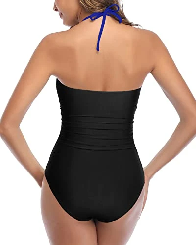 Stylish High Waisted One Piece Swimsuits Halter Backless One Piece Swimsuits-Royal Blue And Black 2 Stylish High Waisted One Piece Swimsuits Halter Backless One Piece Swimsuits-Royal Blue And Black - Image 2