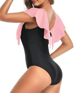 Flattering V Neck Ruffle Shoulders One Piece Swimsuit For Women-Pink And Black 7 Flattering V Neck Ruffle Shoulders One Piece Swimsuit For Women-Pink And Black -Bikini Beach Shop 31feFhW1f L