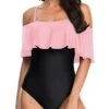 Women's Slimming Off Shoulder One Piece Bathing Suits-Pink And Black