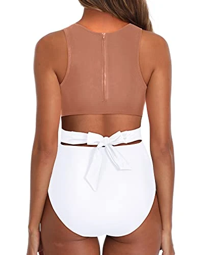 High Waist Bottoms Slimming Women One Piece Swimsuits-Brown And White 2 High Waist Bottoms Slimming Women One Piece Swimsuits-Brown And White - Image 2