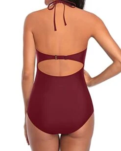 V Neck Open Back Monokini Halter One Piece Swimsuits-Maroon -Bikini Beach Shop 31m5e4pNw9L