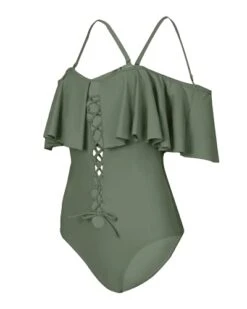 Sexy Lace-Up Off The Shoulder One Piece Swimsuit For Women-Olive Green -Bikini Beach Shop 31mVIgKahvS