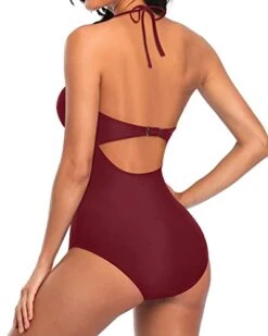 V Neck Open Back Monokini Halter One Piece Swimsuits-Maroon -Bikini Beach Shop 31nq3MVLCoL