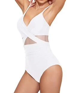 Tummy Control Cutout Mesh One Piece Bathing Suits For Women-White -Bikini Beach Shop 31tJxNGXDOL