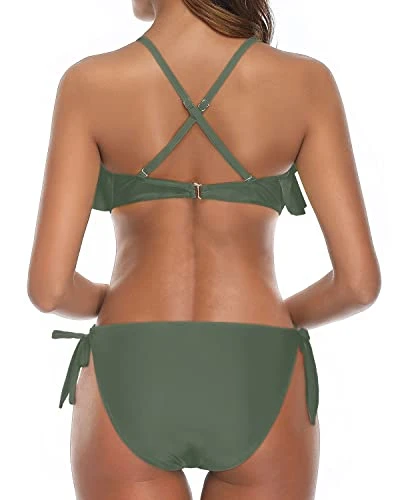Two Piece Flounce Padded Top Women Cross Back Bathing Suit-Olive Green 2 Two Piece Flounce Padded Top Women Cross Back Bathing Suit-Olive Green - Image 2