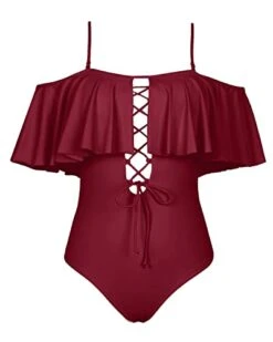 Junior's Lace Up Ruffled One Piece Bathing Suit-Maroon -Bikini Beach Shop 31valuMkOdL