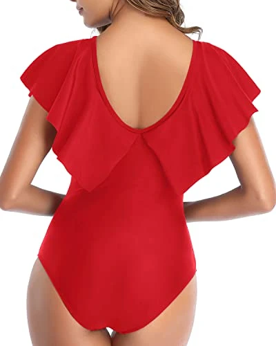 Ruffle Shoulders One Piece Swimsuit For Women-Red 2 Ruffle Shoulders One Piece Swimsuit For Women-Red - Image 2