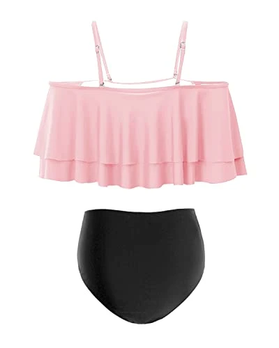 Sexy Two Piece High Waisted Ruffle Bikini Set For Summer-Pink And Black 4 Sexy Two Piece High Waisted Ruffle Bikini Set For Summer-Pink And Black - Image 4