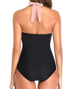 Stylish Bowknot Ruched Slimming One Piece Swim Suit-Pink And Black -Bikini Beach Shop 31zTecTSpEL
