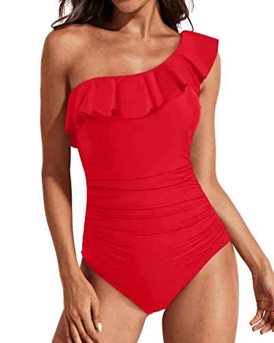 Ruched One Shoulder One Piece Swimsuits-Red 1 Ruched One Shoulder One Piece Swimsuits-Red