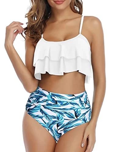 Flirty Ruffle High Waisted Ruched Women's 2 Piece Bikini Set-White Leaf 1 Flirty Ruffle High Waisted Ruched Women's 2 Piece Bikini Set-White Leaf