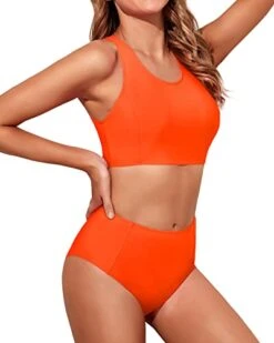 High Waisted Bikini Set Full Coverage Bottom-Neon Orange -Bikini Beach Shop 41 BbLWbFhL