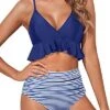 Adjustable Criss Cross Ruffle High Waisted Bikini Ruched-Blue White Striped
