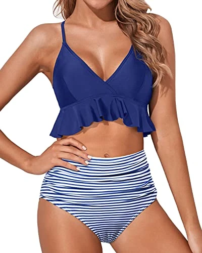 Adjustable Criss Cross Ruffle High Waisted Bikini Ruched-Blue White Striped 1 Adjustable Criss Cross Ruffle High Waisted Bikini Ruched-Blue White Striped