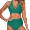 Trendy Halter Tummy Control Two Piece High Waisted Bikini-Teal