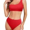 Women's High Waisted One Shoulder Bikini High Leg Cut-Red