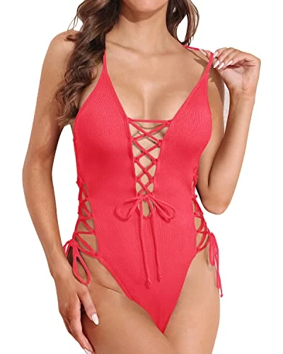 Open Back Sexy One Piece Swimsuit For Women-Neon Red 2 Open Back Sexy One Piece Swimsuit For Women-Neon Red - Image 2