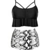 Flounced Two Piece Tummy Control Swimsuits For Women Tummy Control Bikini Sets-Black And White Snake Print