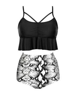 Flounced Two Piece Tummy Control Swimsuits For Women Tummy Control Bikini Sets-Black And White Snake Print