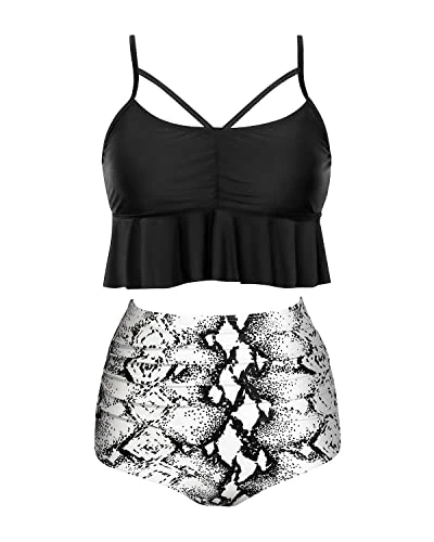 Flounced Two Piece Tummy Control Swimsuits For Women Tummy Control Bikini Sets-Black And White Snake Print 1 Flounced Two Piece Tummy Control Swimsuits For Women Tummy Control Bikini Sets-Black And White Snake Print