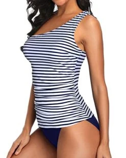 Modest Tummy Control Ruched Detail For Women Tankini Two Piece-Blue White Stripe -Bikini Beach Shop 41 Xx603mAL 4746cab2 cea0 43c6 90e4 49b188b01959
