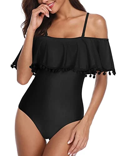 Tummy Control Off Shoulder Ruffled One Piece Swimsuit-Black 1 Tummy Control Off Shoulder Ruffled One Piece Swimsuit-Black