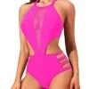 Removable Padded Push Up Bra One Piece Monokini Swimwear-Neon Pink