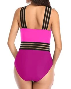 Stretch Striped Bands One Piece Front Crossover Swimwear-Phosphor And Dark Pink -Bikini Beach Shop 4100 JNdvnL e0788880 bdde 40d5 b14d 8484ca0cb410