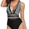 Stunning Hollow Out Deep V Neck Criss-Cross Back Swimsuits-Black And White Stripe