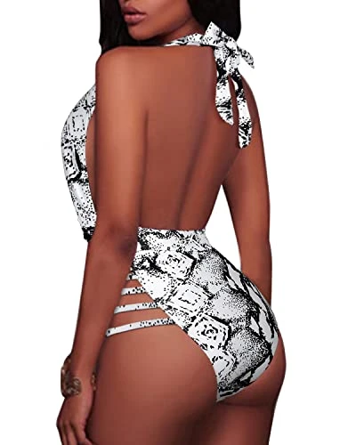 Show Off Your Curves Plunge Deep V Neck One Piece Swimsuits-Black And White Snake Print 4 Show Off Your Curves Plunge Deep V Neck One Piece Swimsuits-Black And White Snake Print - Image 4