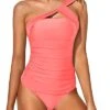 Stylish Two Piece One Shoulder Swim Top Shorts-Coral Pink